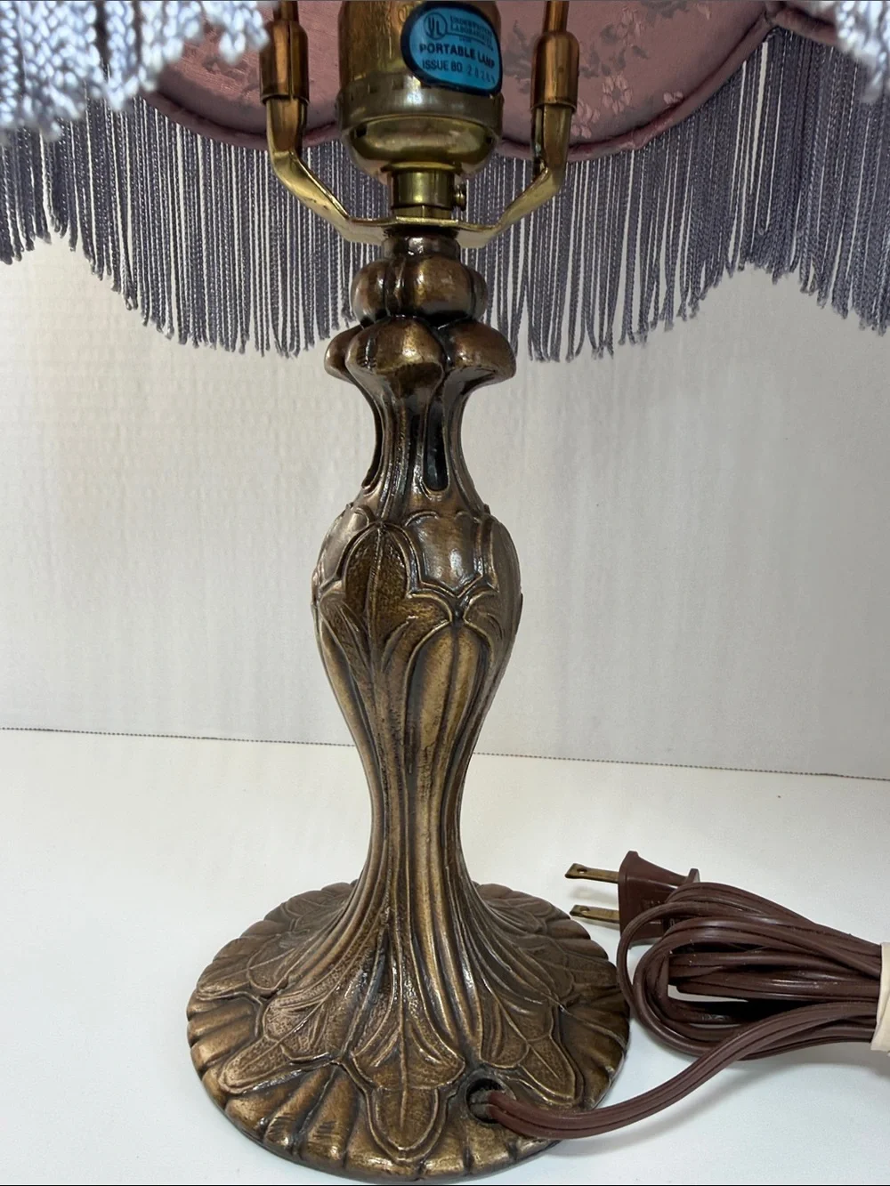 Vintage Victorian Fringe Table Lamp Pink Floral Shade Brass Base USA